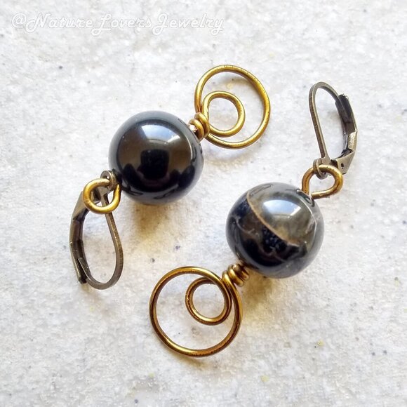 Black & Brown Stone Beads w. Bronze Wire Wrap Elements + Leverback Earrings - Picture 3 of 7